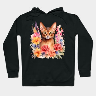 An abyssinian cat decorated with beautiful watercolor flowers Hoodie